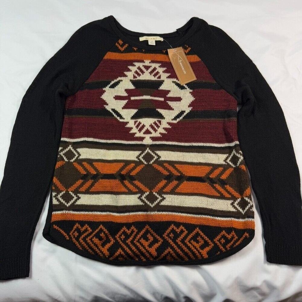 Francesca's Miami Black Aztec Print Womens Small Lightweight Sweater Brown Red